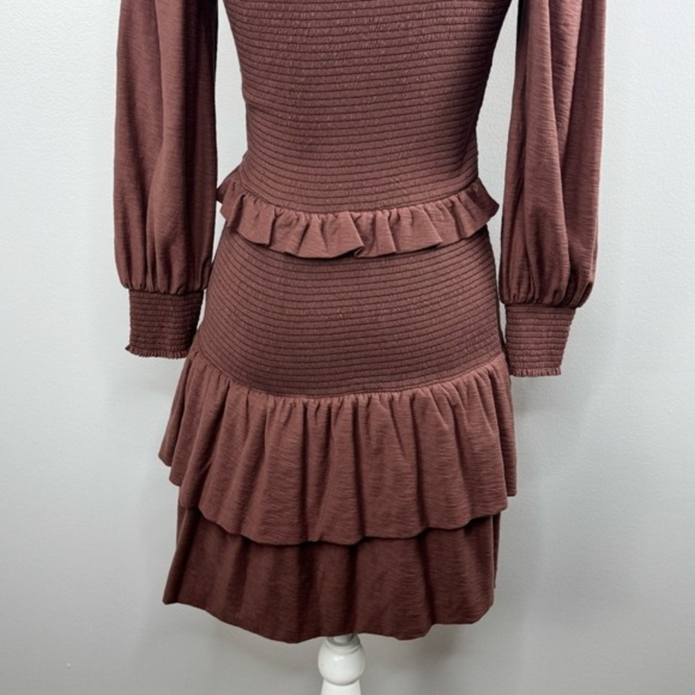 Nation LTD Abby Smocked Mini Dress Small Mauve Ruffle Long Sleeve Boho Romantic - Picture 10 of 13